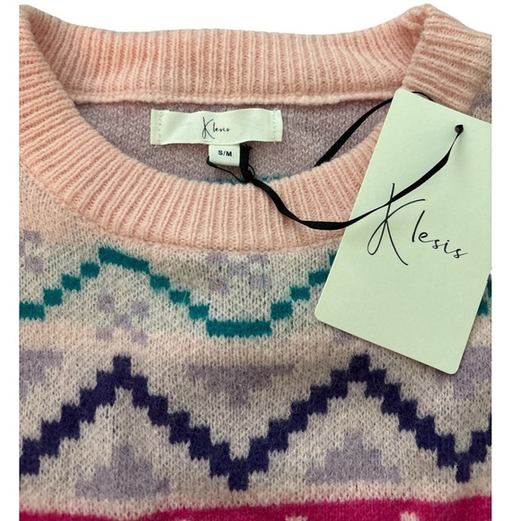 KLESIS fair isle sweater Sz S-M,Oversized, furr puff on cuffs. Winter Snow. - Picture 3 of 7